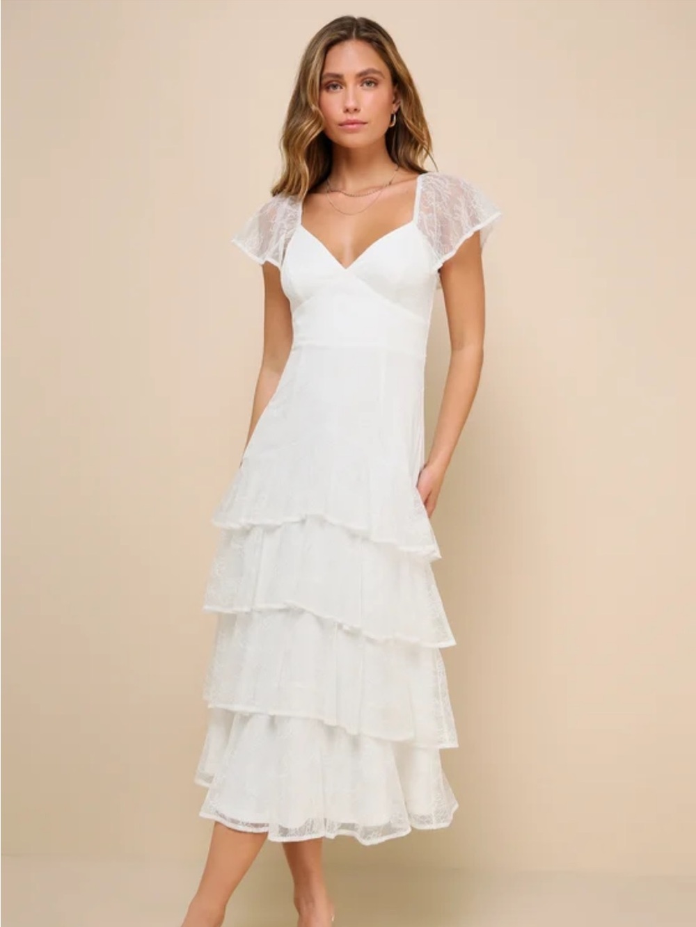 Lulu's White Lace Tiered Midi Dress with Flutter Sleeves